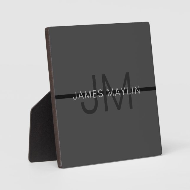 Stylish Masculine Dark Grey Name & Monogram  Plaque (Front)