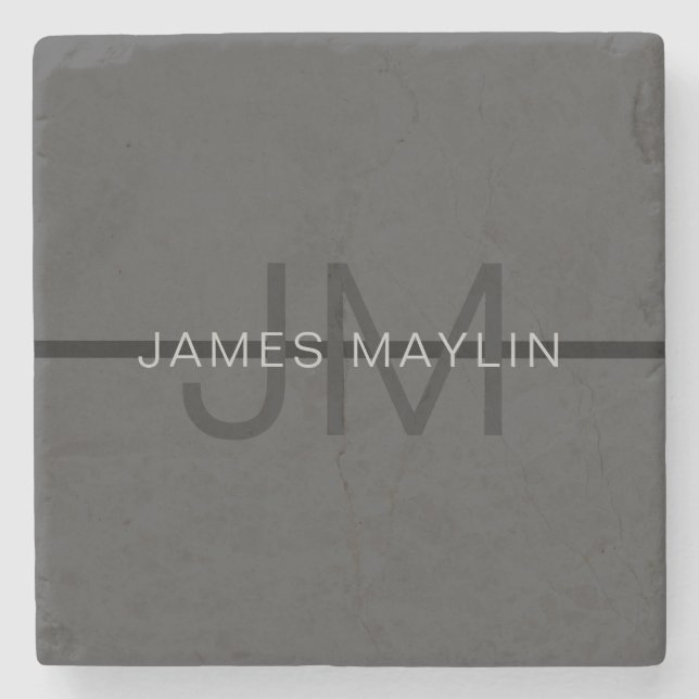 Stylish Masculine Dark Grey Name & Monogram  Stone Coaster (Front)