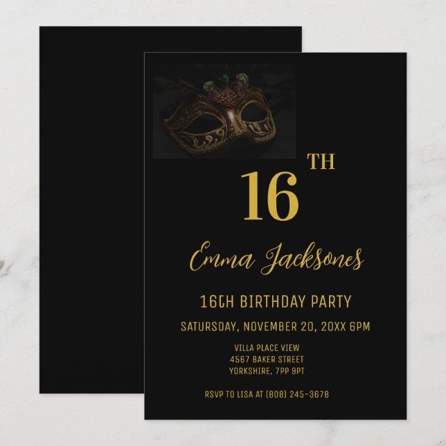 Stylish Masquerade Black Gold 16th Birthday Party  Invitation (Front/Back)