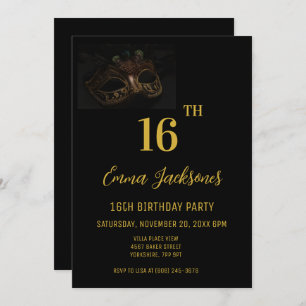 Stylish Masquerade Black Gold 16th Birthday Party  Invitation