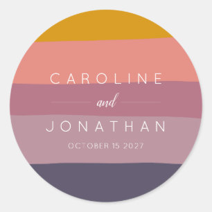 Stylish Mauve and Mustard Striped Custom Wedding Classic Round Sticker