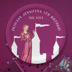 Stylish Mediaeval Girly Dark Pink Princess Castle Paper Plate