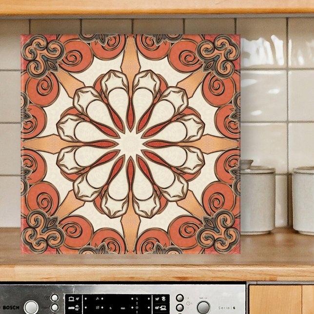 Stylish Mediterranean Geometric Ceramic Tile (Tile featuring an abstract geometric pattern in warm terracotta with earth tones and ivory)