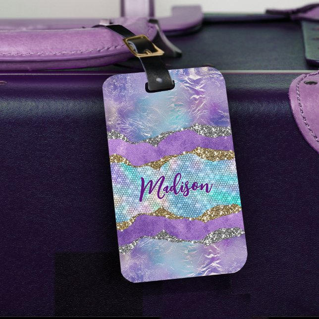 Stylish mermaid glittery Purple turquoise monogram Luggage Tag (Creator Uploaded)