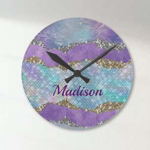Stylish mermaid glittery Purple turquoise monogram Round Clock