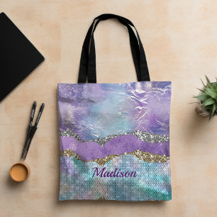 Stylish mermaid glittery Purple turquoise monogram Tote Bag