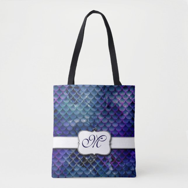 Stylish Mermaid Scale Monogrammed Tote Bag (Front)