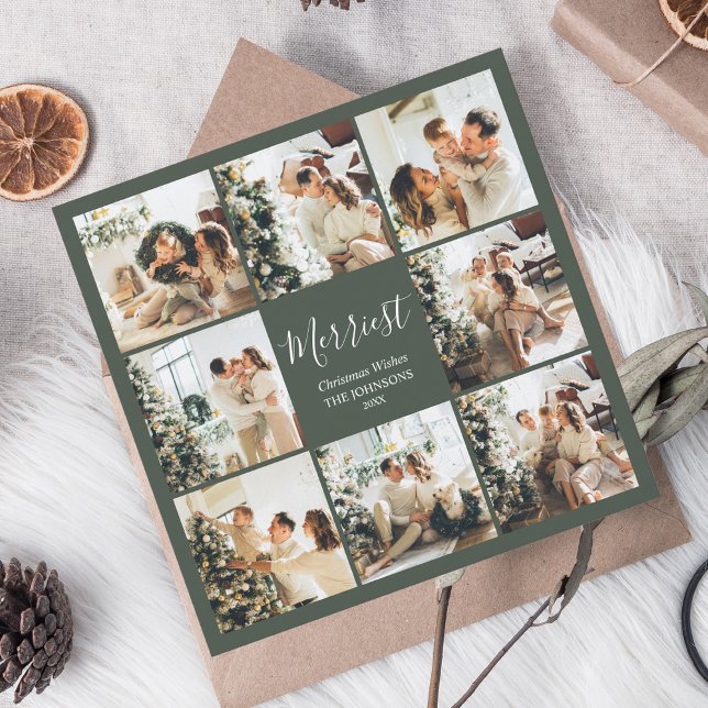 Stylish Merriest Christmas Script Photo Collage Holiday Card (Creator Uploaded)