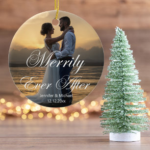 stylish merrily ever after, wedding photo minimal ceramic ornament