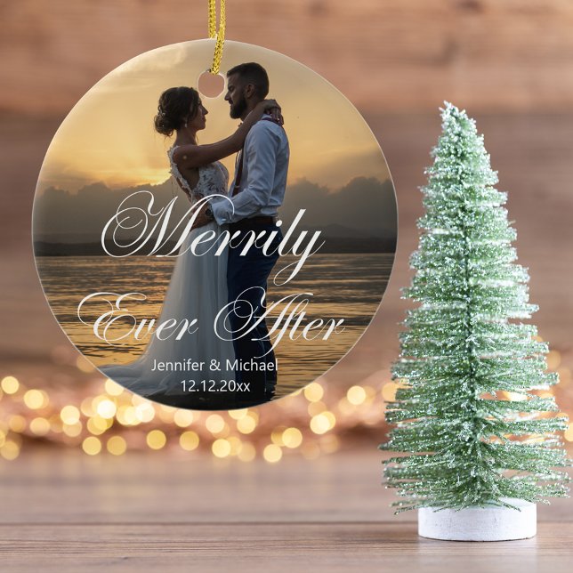 stylish merrily ever after, wedding photo minimal ceramic ornament (Creator Uploaded)