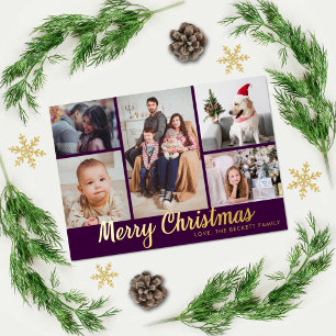 Stylish Merry Christmas 5 Photo Collage Real Foil Holiday Card