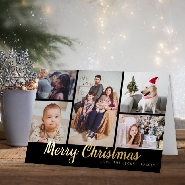 Stylish Merry Christmas 5 Photo Collage Real Foil Holiday Card (Creator Uploaded)