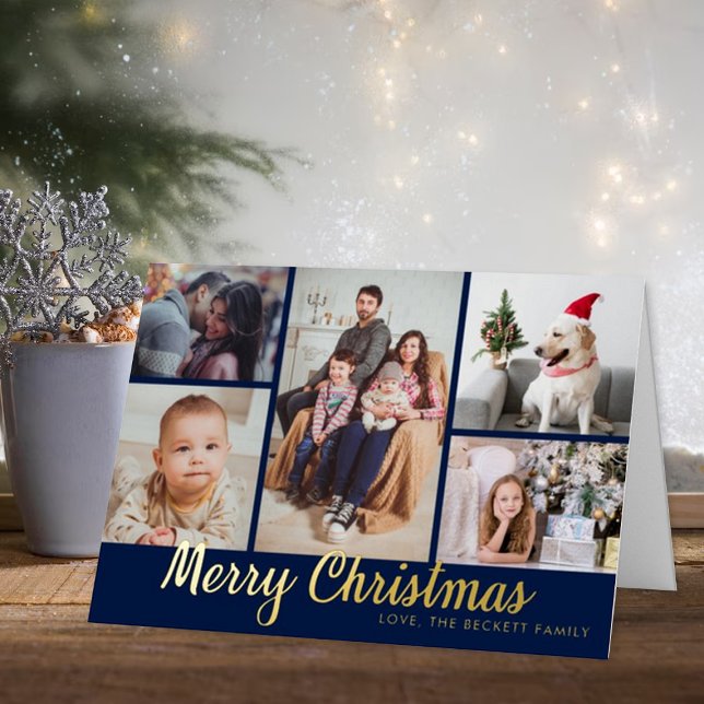 Stylish Merry Christmas 5 Photo Collage Real Foil Holiday Card (Creator Uploaded)