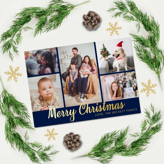 Stylish Merry Christmas 5 Photo Collage Real Foil Holiday Card (Creator Uploaded)