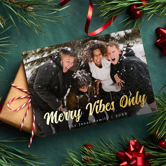 Stylish Merry Vibes Only Christmas Photo Foil Holiday Card (Creator Uploaded)
