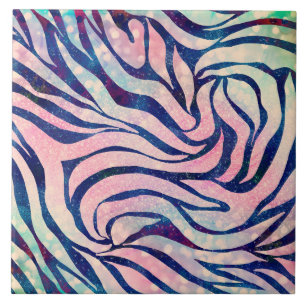 Stylish Metallic Blue & Holographic Zebra Print Ceramic Tile