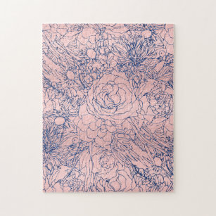Stylish Metallic Navy Blue and Pink Floral Design Jigsaw Puzzle