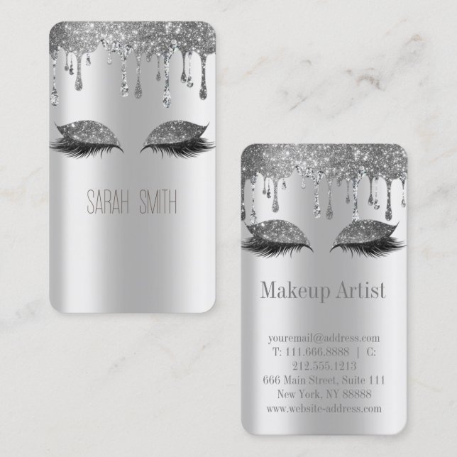 Stylish  Metallic Silver Glitter Drips Eyelashes Business Card (Front/Back)