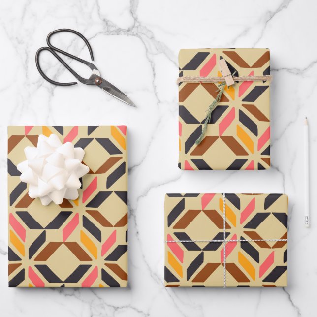 Stylish Mid Century Mod Geometric Shapes in Brown Wrapping Paper Sheet (Front)