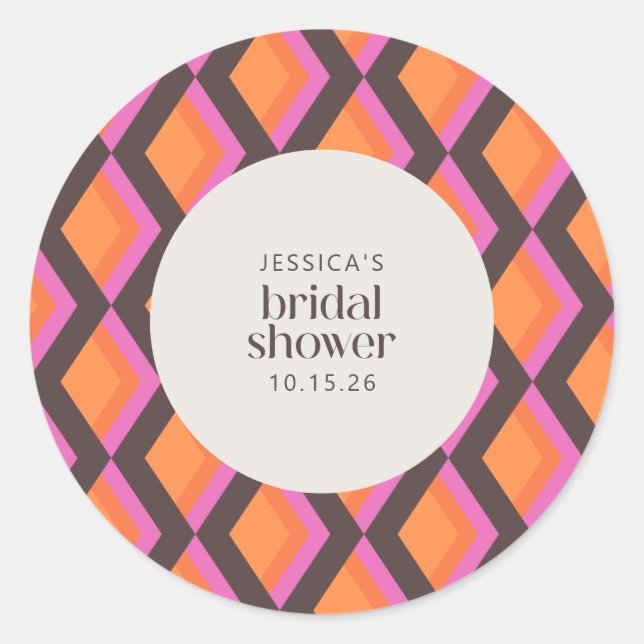 Stylish Mid Century Mod Pink Brown Bridal Shower Classic Round Sticker (Front)