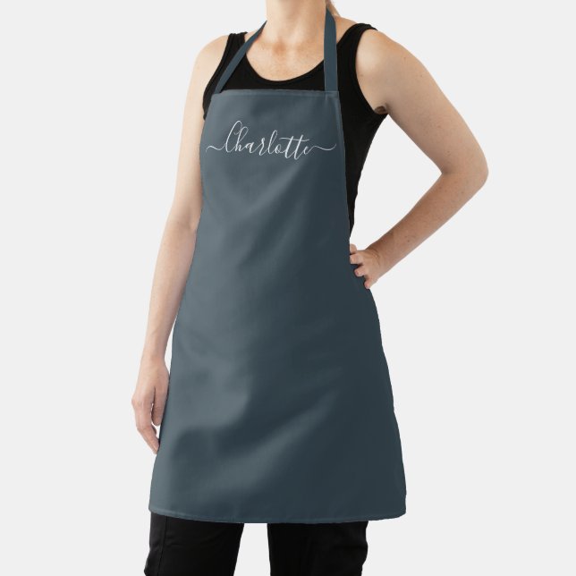 Stylish midnight blue custom script name elegant apron (Insitu)