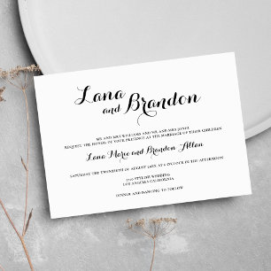 Stylish minimal classic script black white wedding invitation