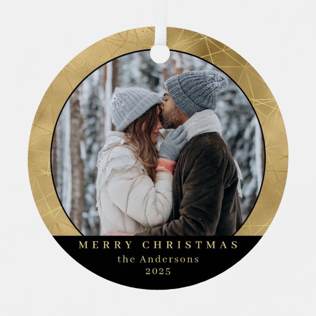 Stylish Minimal Faux Gold Christmas Couple Photo Metal Tree Decoration (Front)