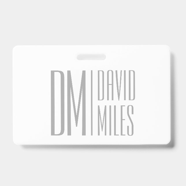 Stylish Minimal & Modern Grey Initials & Name Logo ID Badge (Front)