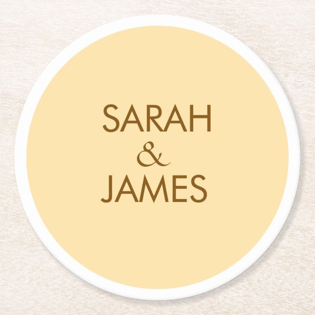 STYLISH MINIMAL PERSONALIZED NAME BEIGE WEDDING ROUND PAPER COASTER (Front)