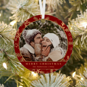 Stylish Minimal Red Gold Christmas Couple Photo Metal Tree Decoration