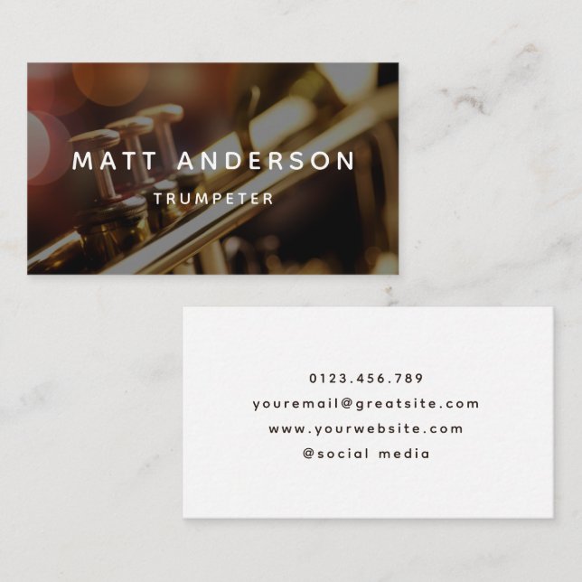 Stylish Minimal Trumpet Photo Musician Business Card (Front/Back)