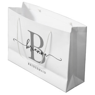Stylish Minimal White Grey Monogram Girly Script Large Gift Bag