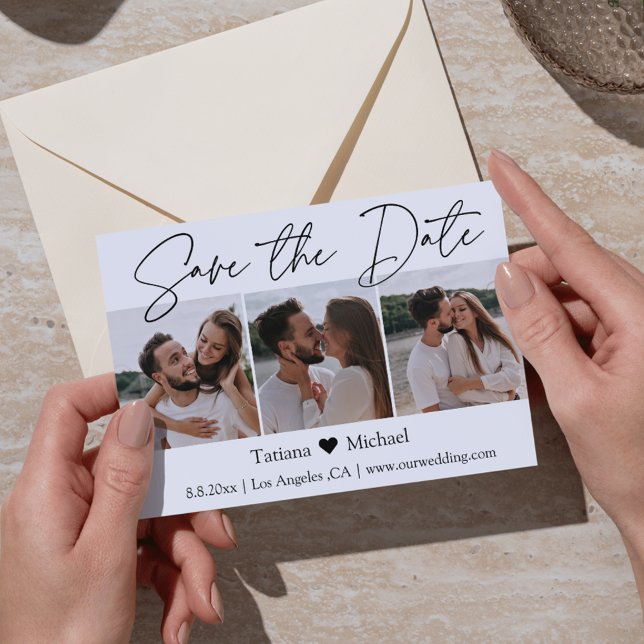 stylish minimalist 3 photo collage save the date  announcement postcard (Creator Uploaded)
