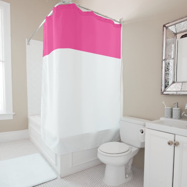 Stylish Minimalist Bright Pink Top Stripe On White Shower Curtain (In Situ)