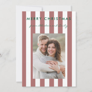 Stylish Minimalist Faded Red Striped Photo Holiday Card