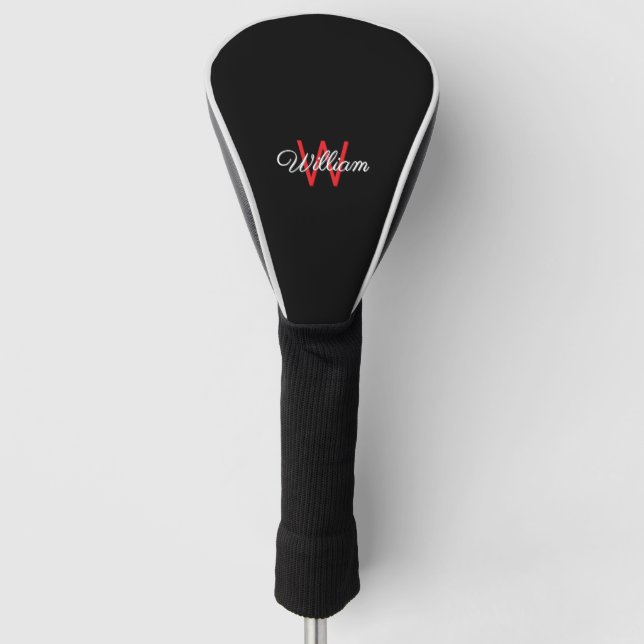 Stylish Minimalist Monogrammed Black Red Golf Head Cover (Front)