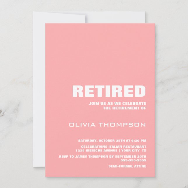 Stylish Minimalist Pink Retirement Invitation (Front)