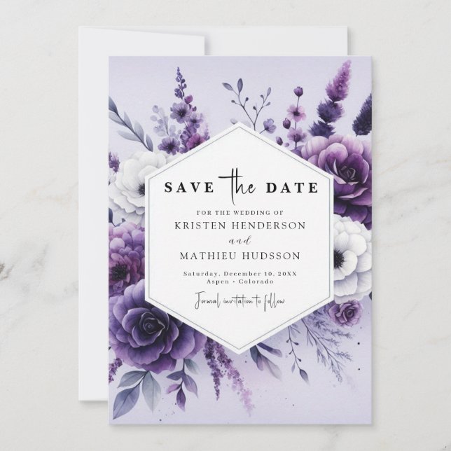 Stylish Minimalist Purple Floral Wedding Save The Date (Front)