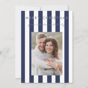 Stylish Minimalist Sapphire Blue Striped Photo Holiday Card