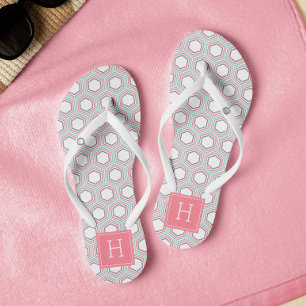 Stylish Mint and Coral Geometric Pattern Monogram Thongs