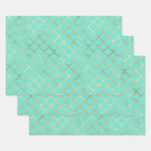 Stylish Mint and Gold Mermaid Wrapping Paper Sheet