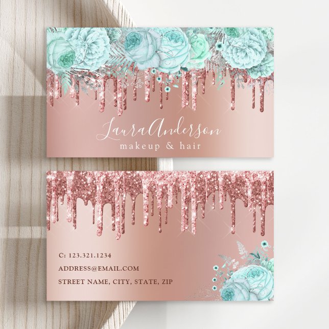 Stylish mint floral glitter drips makeup & hair business card (Creator Uploaded)