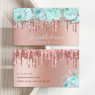 Stylish mint floral glitter drips makeup & hair business card