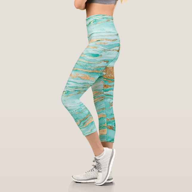 Stylish Mint Gold Abstract Marble Liquid Paint Capri Leggings (Left)