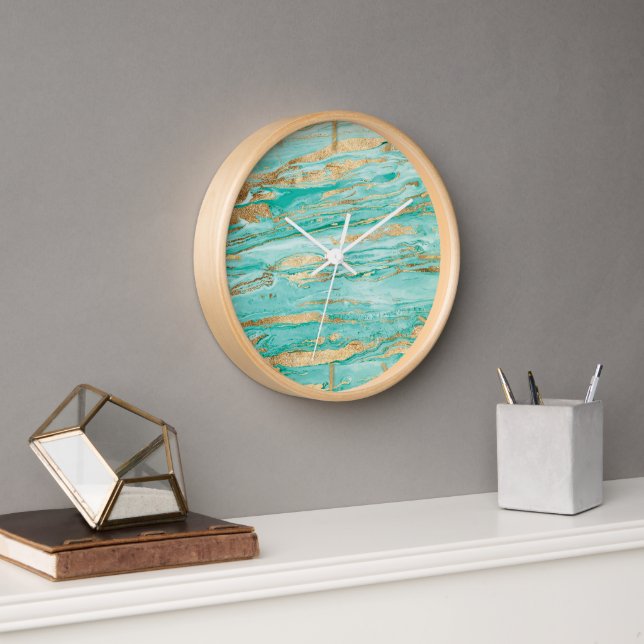Stylish Mint Gold Abstract Marble Liquid Paint Clock (Office)