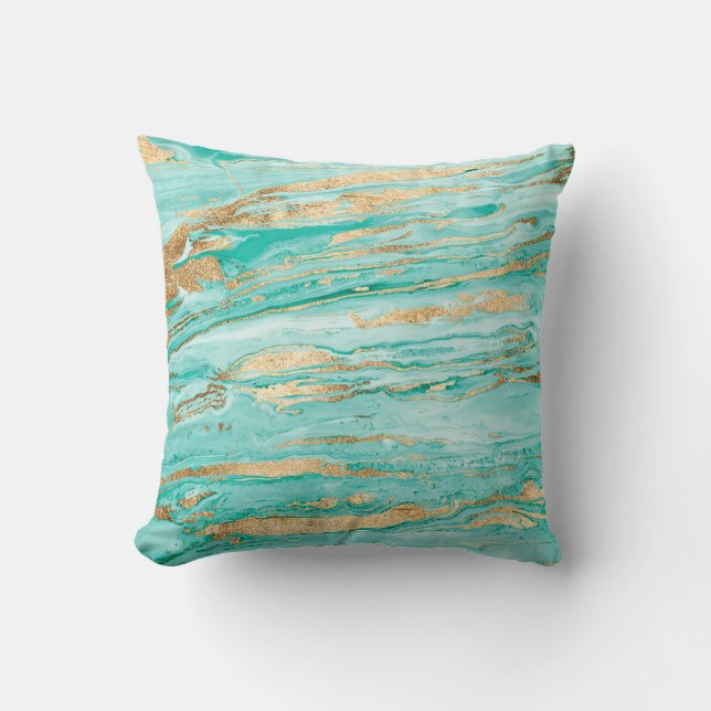 Stylish Mint Gold Abstract Marble Liquid Paint Cushion (Front)