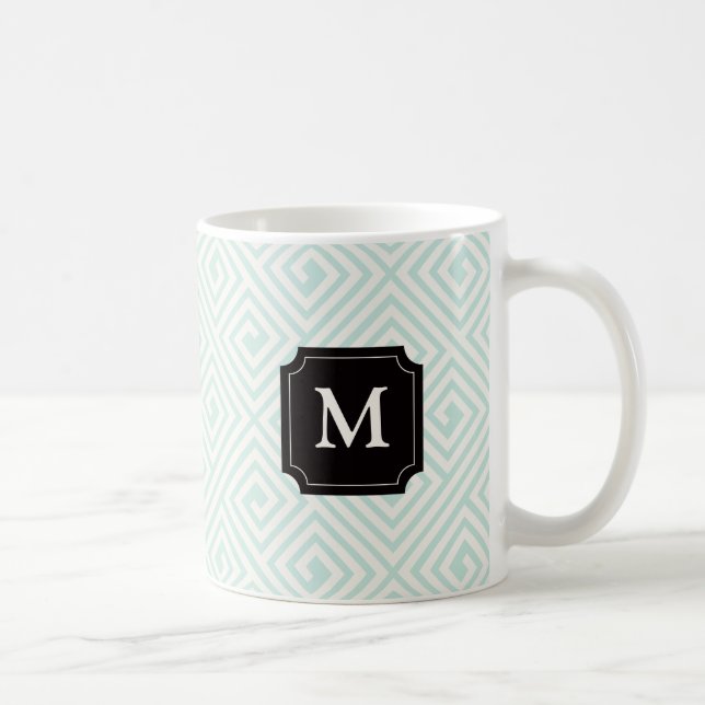 Stylish Mint Greek Key Pattern Classic Monogram Coffee Mug (Right)