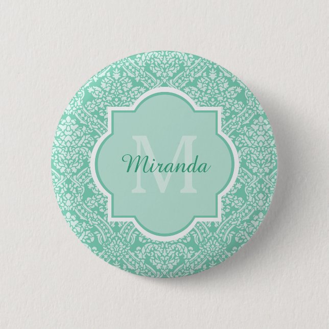 Stylish Mint Green Damask Monogram With Name 6 Cm Round Badge (Front)
