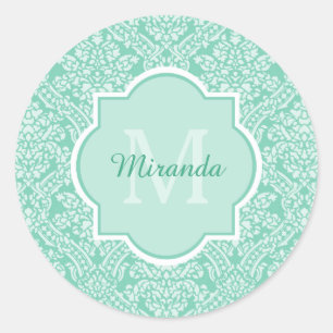 Stylish Mint Green Damask Monogram With Name Classic Round Sticker