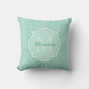 Stylish Mint Green Damask Monogram With Name Cushion